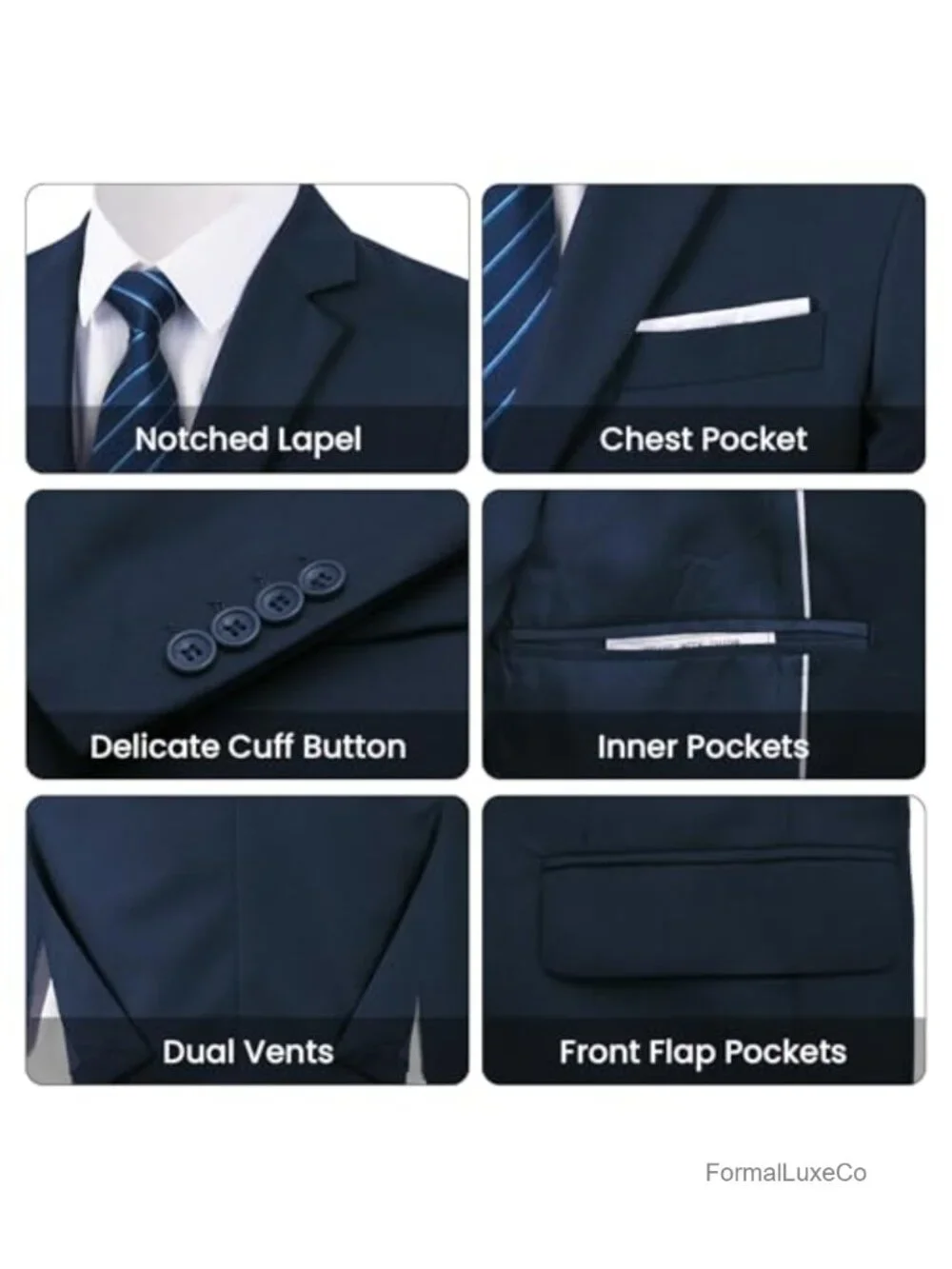 Men's 3-Piece Slim Fit Suit, 2-Button Tuxedo Set, Wedding Business